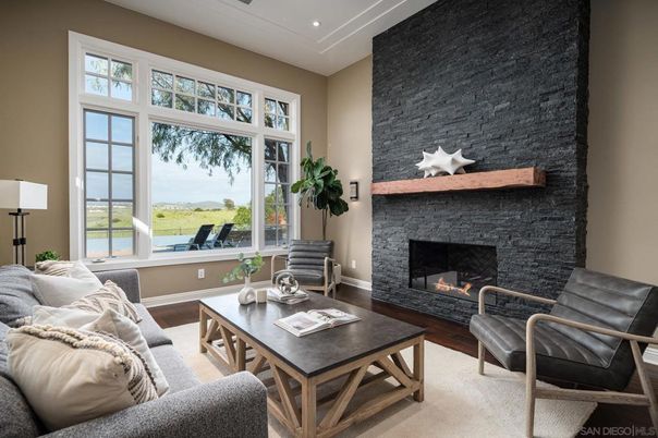 Fireplace, Interior, Living room, Recessed Lighting, Stone Walls, Wood Texture Flooring