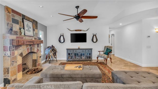 Fireplace, Interior, Living room, Recessed Lighting, Stone Walls