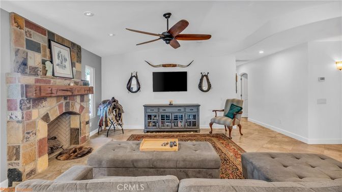Fireplace, Interior, Living room, Recessed Lighting, Stone Walls