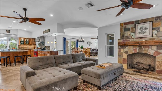 Dining room, Fireplace, Interior, Kitchen, Living room, Pendant Lights, Recessed Lighting