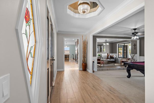 Billiard Table, Chandelier, Game Room, Interior, Wood Texture Flooring