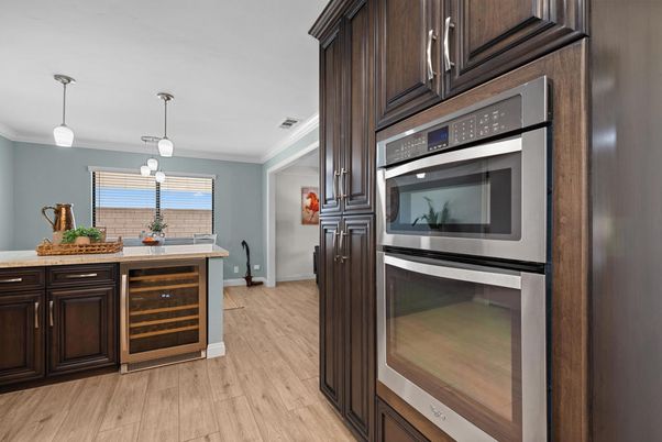 Interior, Kitchen, Pendant Lights, Stainless Steel Appliances, Wood Texture Flooring