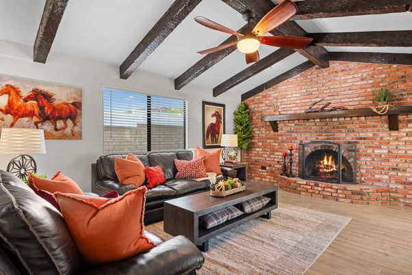Fireplace, Interior, Living room, Stone Walls, Wooden Beams, Wood Texture Flooring