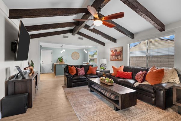 Interior, Living room, Pendant Lights, Wooden Beams, Wood Texture Flooring