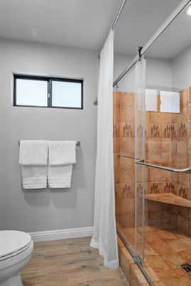 Bathroom, Glass Shower, Interior, Wood Texture Flooring