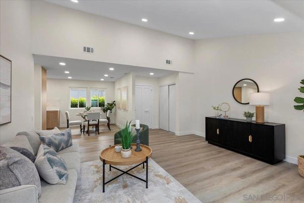 Dining room, Interior, Living room, Recessed Lighting, Wood Texture Flooring