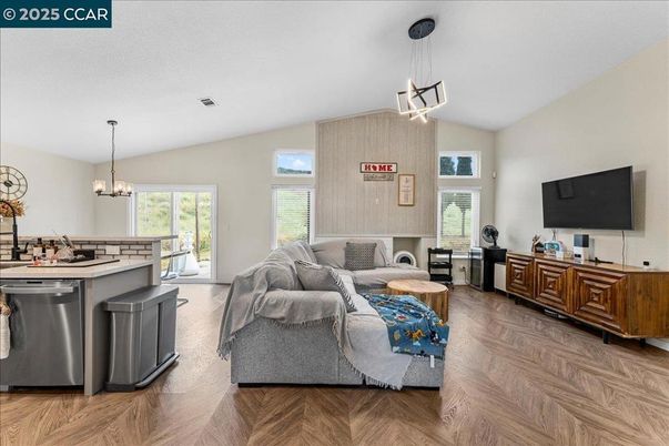 Interior, Kitchen, Living room, Pendant Lights, Wood Texture Flooring