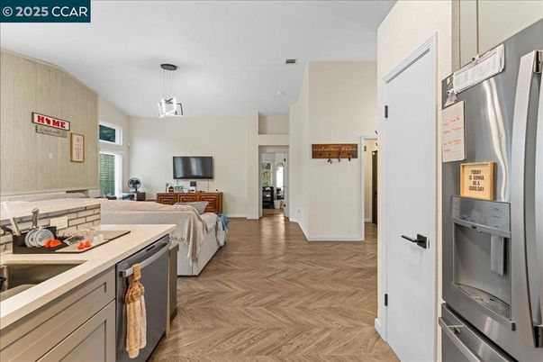 Interior, Kitchen, Living room, Pendant Lights, Stainless Steel Appliances, Wood Texture Flooring