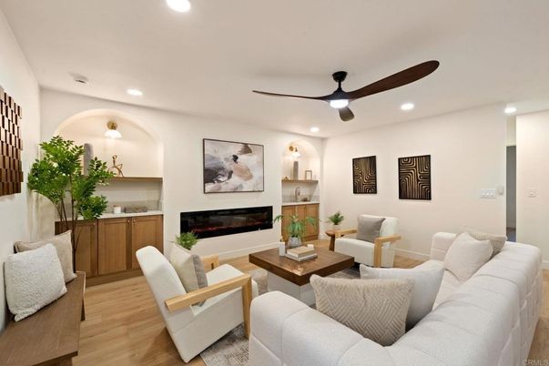 Fireplace, Interior, Living room, Recessed Lighting, Wood Texture Flooring