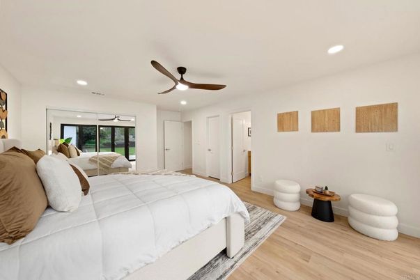 Bedroom, Interior, Recessed Lighting, Wood Texture Flooring