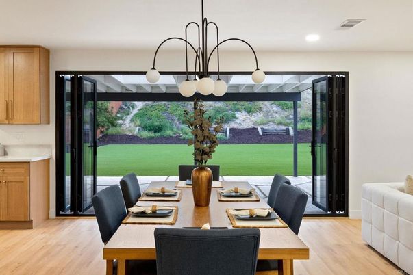 Dining room, Interior, Pendant Lights, Recessed Lighting, Wood Texture Flooring