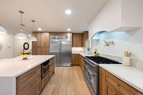 Interior, Kitchen, Pendant Lights, Recessed Lighting, Stainless Steel Appliances, Wood Texture Flooring