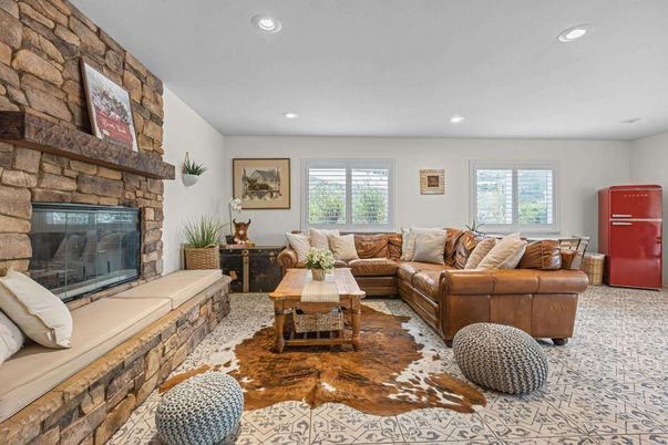 Fireplace, Interior, Living room, Recessed Lighting, Stone Walls