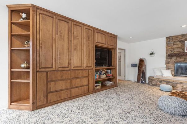 Fireplace, Interior, Recessed Lighting, Stone Walls