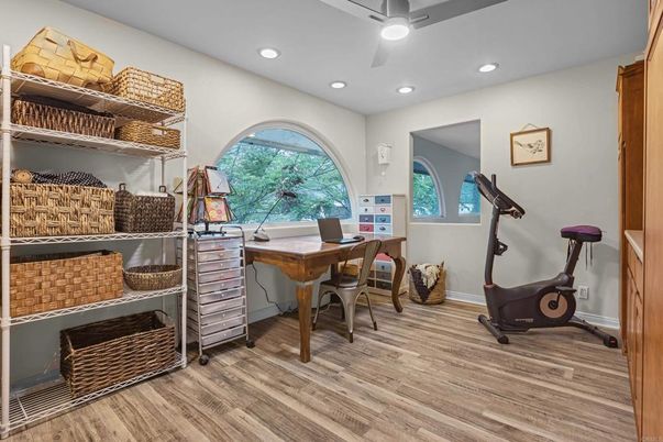 Fitness Equipment, Home Office, Interior, Recessed Lighting, Wood Texture Flooring