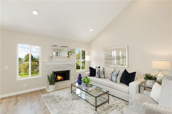 Fireplace, Interior, Living room, Recessed Lighting, Wood Texture Flooring