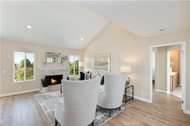 Fireplace, Interior, Living room, Recessed Lighting, Wood Texture Flooring