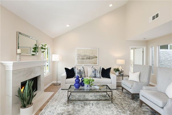 Fireplace, Interior, Living room, Recessed Lighting, Wood Texture Flooring