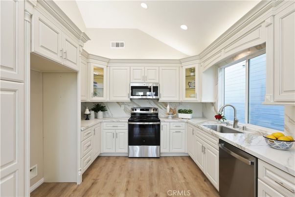 Interior, Kitchen, Recessed Lighting, Stainless Steel Appliances, Wood Texture Flooring