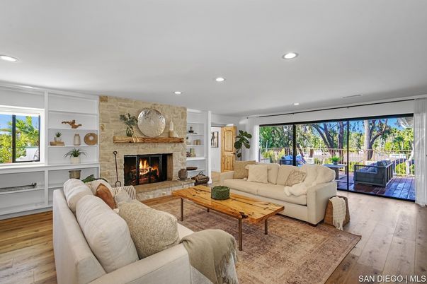 Fireplace, Interior, Living room, Recessed Lighting, Stone Walls, Wood Texture Flooring
