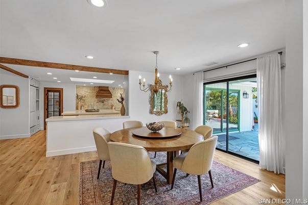 Chandelier, Dining room, Interior, Recessed Lighting, Wooden Beams, Wood Texture Flooring