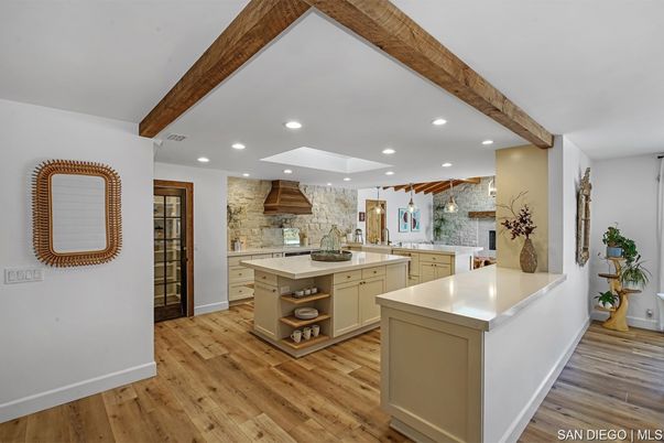 Interior, Kitchen, Pendant Lights, Recessed Lighting, Stone Walls, Wooden Beams, Wood Texture Flooring