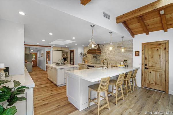 Interior, Kitchen, Pendant Lights, Recessed Lighting, Stainless Steel Appliances, Stone Walls, Wooden Beams, Wooden Ceilings, Wood Texture Flooring