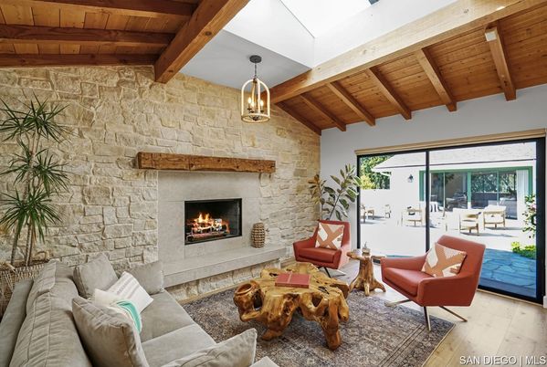 Fireplace, Interior, Living room, Pendant Lights, Stone Walls, Wooden Beams, Wooden Ceilings, Wood Texture Flooring