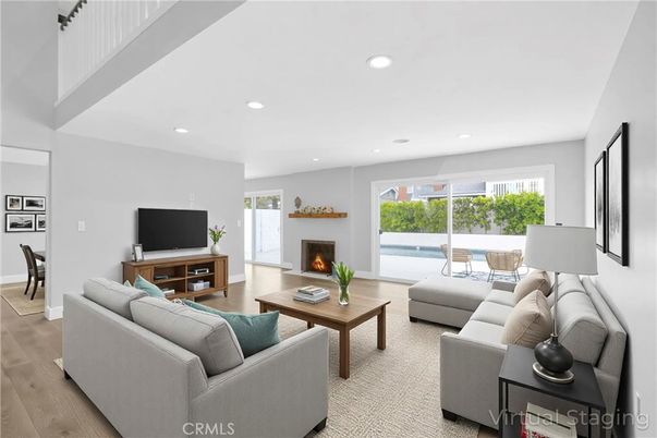 Fireplace, Interior, Living room, Recessed Lighting, Wood Texture Flooring