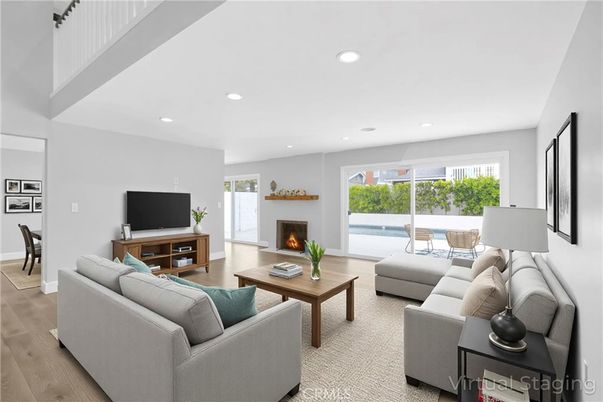 Fireplace, Interior, Living room, Recessed Lighting, Wood Texture Flooring