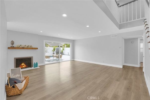 Empty room, Fireplace, Interior, Recessed Lighting, Wood Texture Flooring