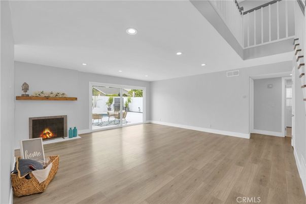 Empty room, Fireplace, Interior, Recessed Lighting, Wood Texture Flooring