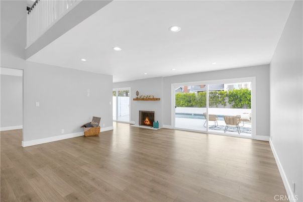 Empty room, Fireplace, Interior, Recessed Lighting, Wood Texture Flooring