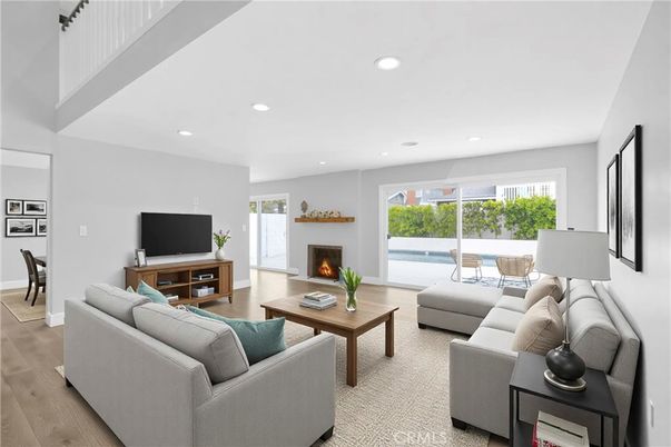 Fireplace, Interior, Living room, Recessed Lighting, Wood Texture Flooring