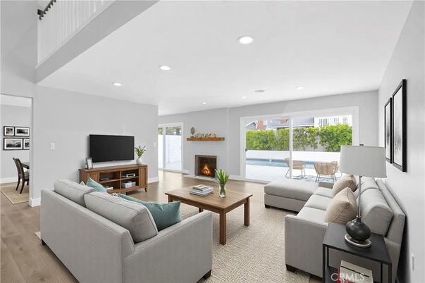 Fireplace, Interior, Living room, Recessed Lighting, Wood Texture Flooring