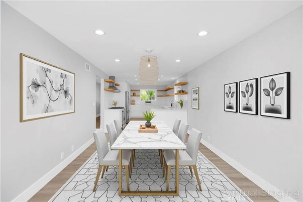 Dining room, Interior, Recessed Lighting, Wood Texture Flooring