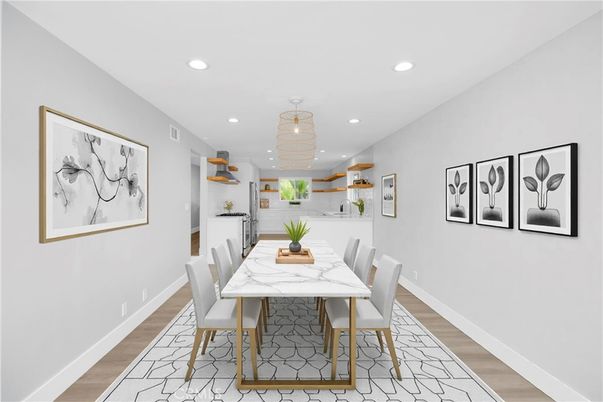 Dining room, Interior, Kitchen, Pendant Lights, Recessed Lighting, Wood Texture Flooring