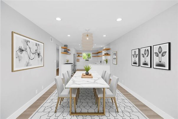 Dining room, Interior, Recessed Lighting, Wood Texture Flooring