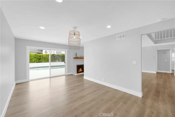 Empty room, Fireplace, Interior, Recessed Lighting, Wood Texture Flooring