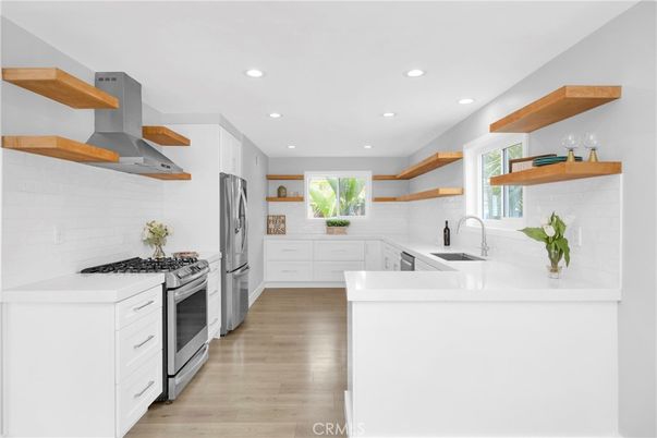 Interior, Kitchen, Recessed Lighting, Stainless Steel Appliances, Wood Texture Flooring
