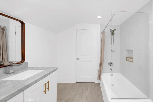 Bathroom, Glass Shower, Interior, Recessed Lighting, Wood Texture Flooring