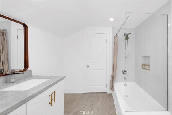 Bathroom, Glass Shower, Interior, Recessed Lighting, Wood Texture Flooring