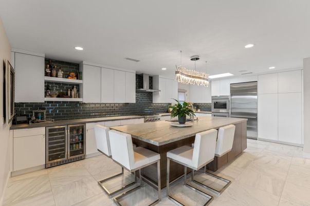 Interior, Kitchen, Marble, Pendant Lights, Recessed Lighting, Stainless Steel Appliances