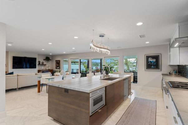 Dining room, Interior, Kitchen, Living room, Marble, Pendant Lights, Recessed Lighting, Stainless Steel Appliances
