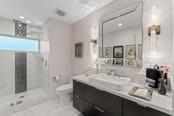 Bathroom, Glass Shower, Interior, Marble, Marble Walls, Recessed Lighting