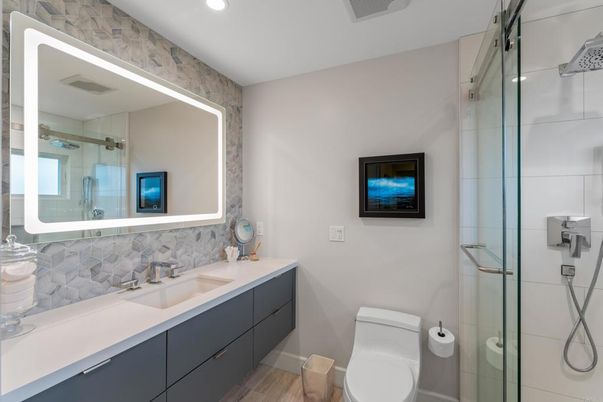 Bathroom, Glass Shower, Interior, Recessed Lighting, Wood Texture Flooring