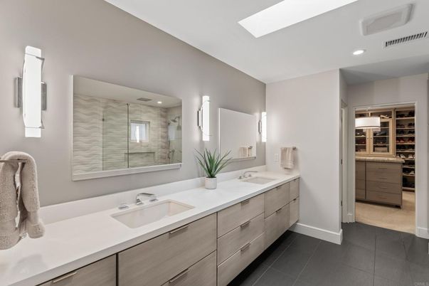 Bathroom, Dual Sink Vanities, Glass Shower, Interior, Recessed Lighting, Walk-in Closets