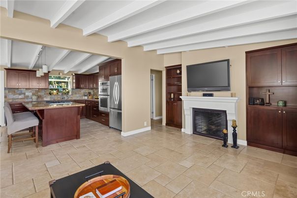 Fireplace, Interior, Kitchen, Pendant Lights, Stainless Steel Appliances