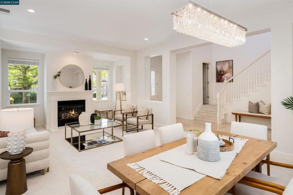 Chandelier, Dining room, Fireplace, Interior, Living room, Recessed Lighting