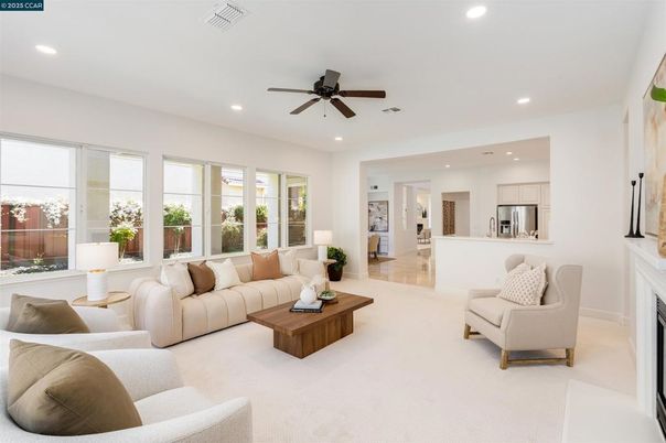 Fireplace, Interior, Kitchen, Living room, Recessed Lighting, Stainless Steel Appliances